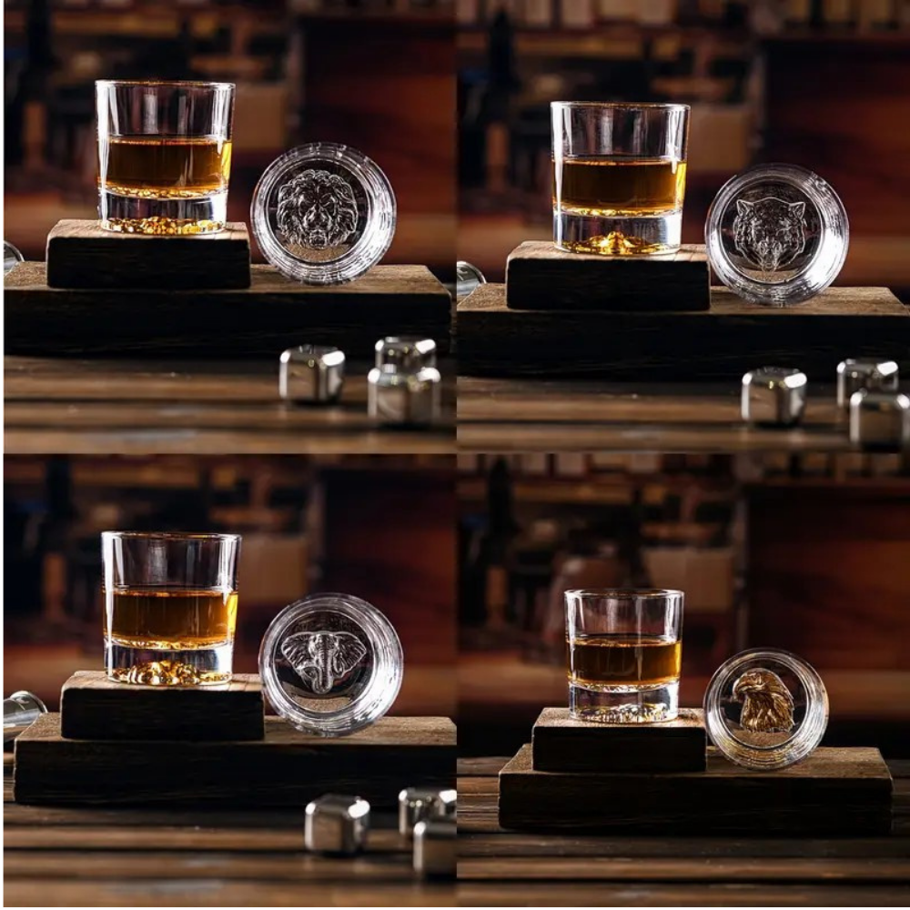Hayvan Figürlü Viski Bardağı Seti – 4'lü Lüks Cam Set (300 ml | 9.2 cm)