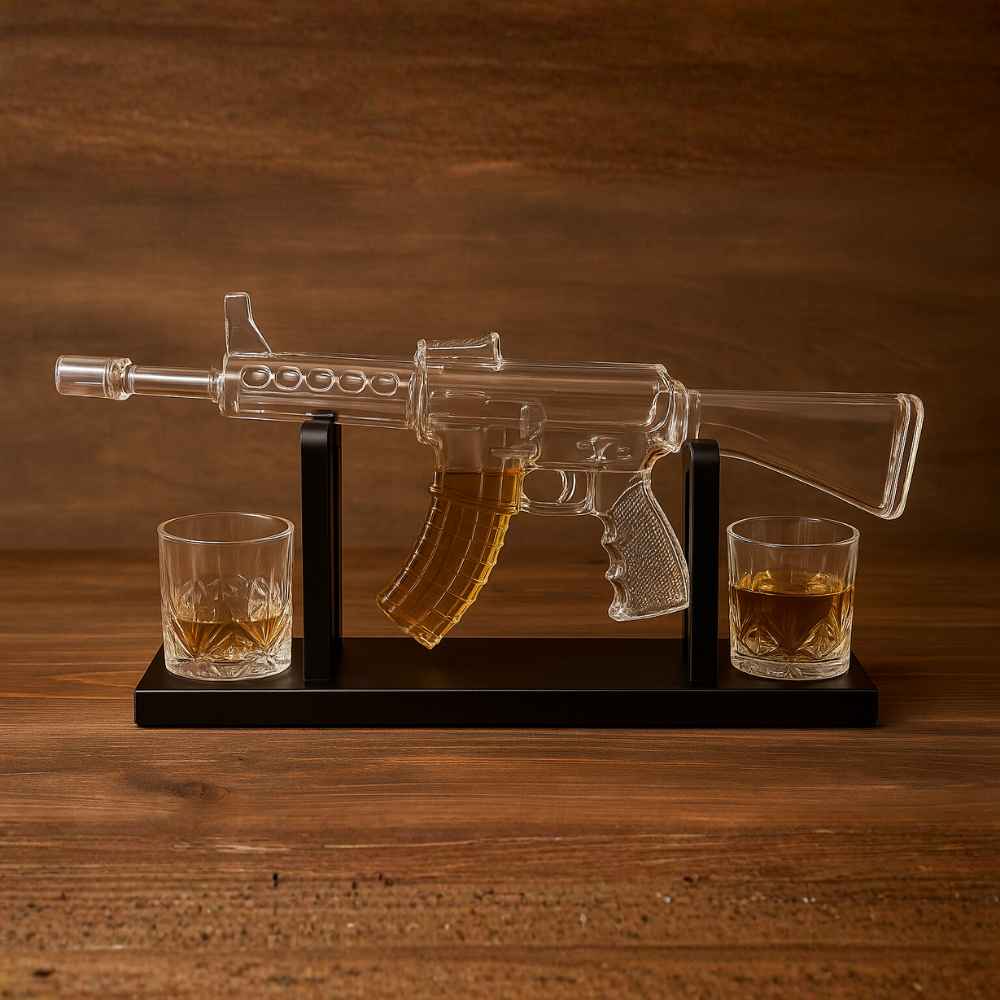 AK47 Şeklinde Cam Şişe ve Kadeh Seti | Koleksiyonluk Hediye – 2 Bardaklı Lüks Viski Şişesi (45 cm | 1000 ml)