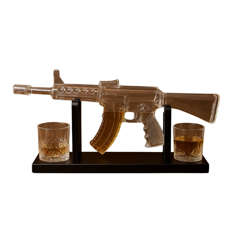 AK47 Şeklinde Cam Şişe ve Kadeh Seti | Koleksiyonluk Hediye – 2 Bardaklı Lüks Viski Şişesi (45 cm | 1000 ml)