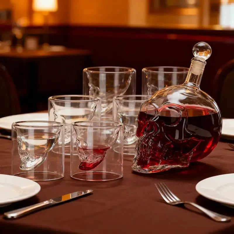 7 Parça Kafatası Şişe Seti (700 ml) – 6 Cam Bardaklı Dekoratif Hediye Seti | Ev ve Bar Dekoru - VALTEAEv DekoruEv Dekoru
