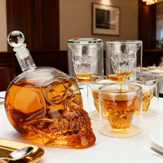 7 Parça Kafatası Şişe Seti (700 ml) – 6 Cam Bardaklı Dekoratif Hediye Seti | Ev ve Bar Dekoru - VALTEAEv DekoruEv Dekoru